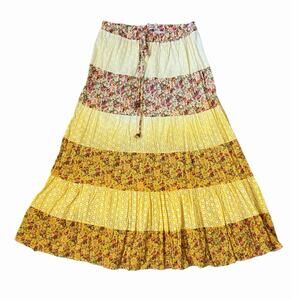 Magic Tiered Ombré Floral 100% Cotton Pull On Maxi Skirt Boho Cottagecore Fairy